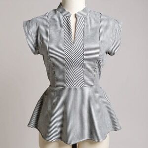 Monteau Los Angeles Striped Peplum‎ Top XS Keyhole Neckline Cap Sleeve